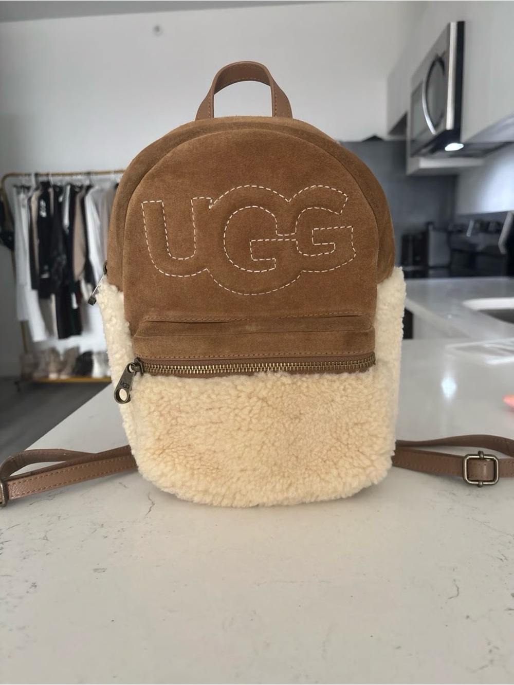UGG Chestnut Suede & Cream Shearling Mini Backpack